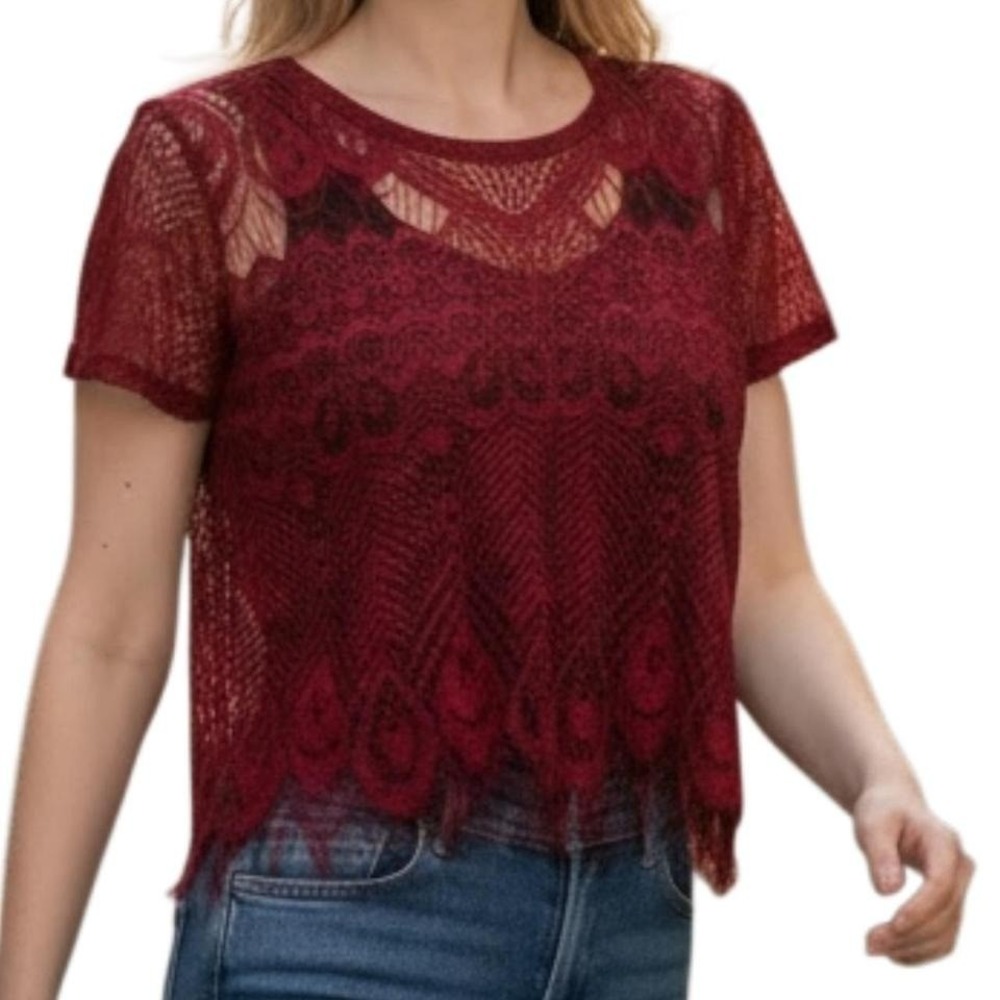 Y2K Jessica Simpson S Coquette Sheer Red Fairy-core Lace‎ Crop Top Fringe Hem